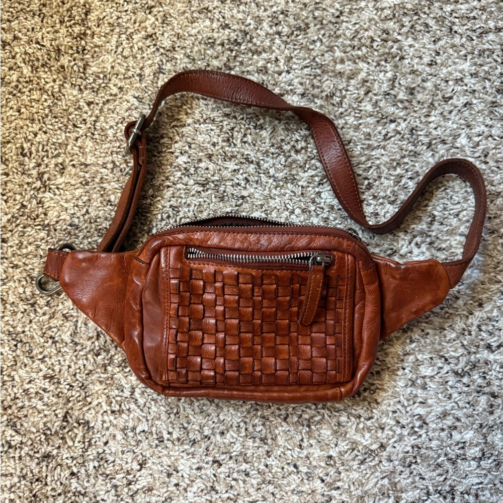Woven Leather Belt Bag in Rich Brown